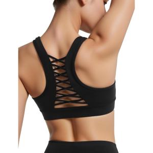 imageYvette Criss Cross Cute Strappy Sports Bras for Women U Neck Racerback Padded Wireless Yoga Bra Cropped Tank TopBlack