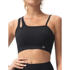 imageYvette Womens One Shoulder Sports Bra Asymmetrical Strap Yoga Light Support Padded Wireless Tank TopBlack