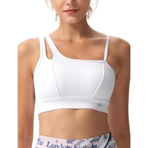 imageYvette Womens One Shoulder Sports Bra Asymmetrical Strap Yoga Light Support Padded Wireless Tank TopWhite