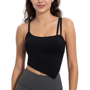 imageYvette Sports Bras for Women with Removable Pads Adjustable Thin Straps Tank TopsBlack