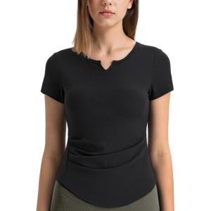 imageYvette Tank Top Built in Bra for Women Slim Fitted Casual Short Sleeve Ruched Athletic Shirts for Gym Yoga RunningBlack