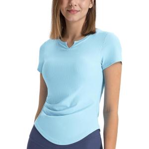 imageYvette Tank Top Built in Bra for Women Slim Fitted Casual Short Sleeve Ruched Athletic Shirts for Gym Yoga RunningBlue