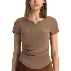 imageYvette Tank Top Built in Bra for Women Slim Fitted Casual Short Sleeve Ruched Athletic Shirts for Gym Yoga RunningBrown