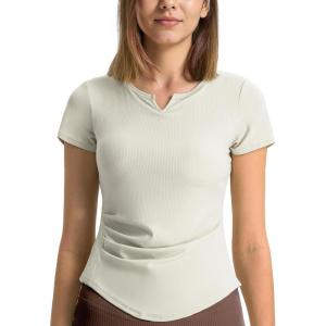 imageYvette Tank Top Built in Bra for Women Slim Fitted Casual Short Sleeve Ruched Athletic Shirts for Gym Yoga RunningOffwhite