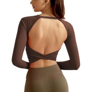 imageYvette Womens Backless Long Sleeve Crop Tops Slim Fit Shirts for YogaBrown