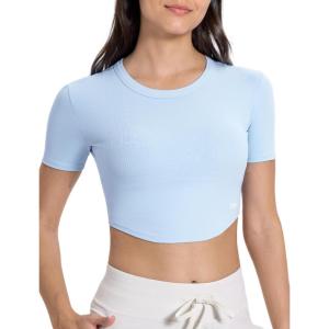 imageYvette Womens Cropped Top Short Sleeve Breathable TShirts Athletic Yoga Tee TopsBlue