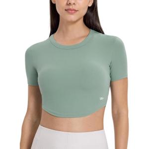 imageYvette Womens Cropped Top Short Sleeve Breathable TShirts Athletic Yoga Tee TopsGreen