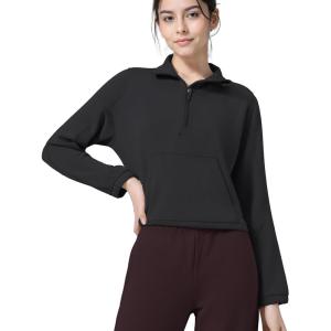 imageYvette Womens Half Zip Pullover Stand Collar Cropped Workout Sweatshirt with Pockets Long Sleeve Shirts ClothesBlack