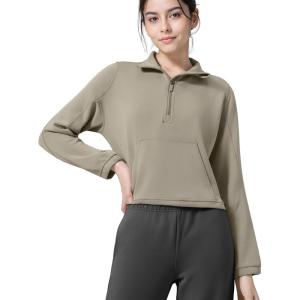 imageYvette Womens Half Zip Pullover Stand Collar Cropped Workout Sweatshirt with Pockets Long Sleeve Shirts ClothesBrown