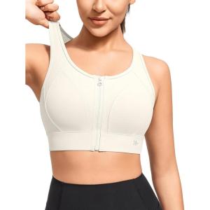 imageYvette High Support Sports Bras for Women Zip Front Closure Sports Bra Plus Size Supportive Mold Cups Running WorkoutOffwhite