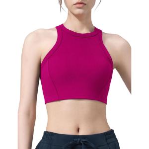 imageYvette Sports Bras for Women Ribbed High Neck Racerback TopsRose Red