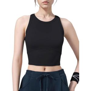 imageYvette Longline High Neck Sports Bras for Women Racerback Padded Crop Tank Top with Built in Bra Workout YogaBlack