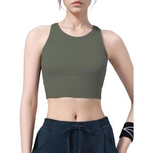 imageYvette Longline High Neck Sports Bras for Women Racerback Padded Crop Tank Top with Built in Bra Workout YogaGreen