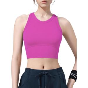 imageYvette Longline High Neck Sports Bras for Women Racerback Padded Crop Tank Top with Built in Bra Workout YogaPink