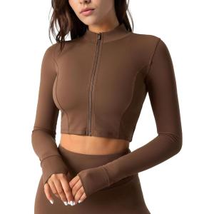 imageYvette Womens Athletic Full Zip Workout Jacket with Thumb Holes Running Yoga Slim Fit Cropped JacketBrown