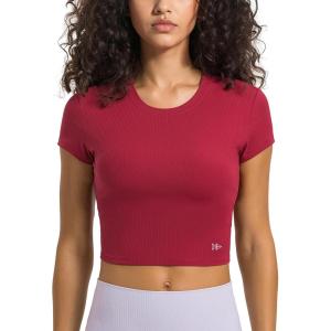 imageYvette Womens Athletic TShirts Workout Crop Top Short Sleeve Running Basic Tee Gym Casual Cropped ShirtsRose Red