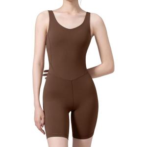 imageYvette Womens Shapewear Jumpsuits Built in Bra Tummy Control Bodycon Bodysuits Yoga Workout Rompers ShortsCoffee