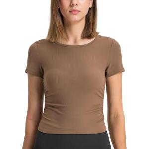 imageYvette Womens Short Sleeve Crop Tops Slim Fit Breathable Cropped Athletic Shirts Gym Casual Workout Basic TeeBrown