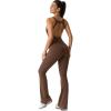imageYvette Womens Backless Jumpsuits Built in Bra Gym Workout Yoga Rompers Flare Leggings Bodycon BodysuitsCoffee