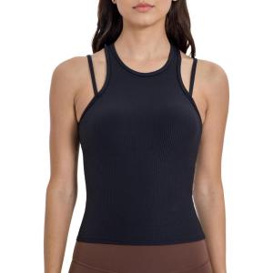 imageYvette Racerback Crop Top with Removable Built in Bra Thin Straps Sports Bra for WomenBlack