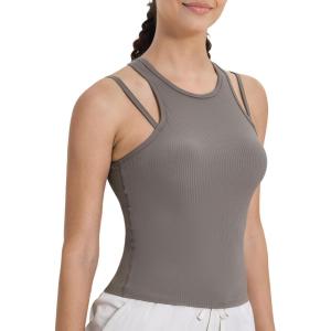 imageYvette Racerback Crop Top with Removable Built in Bra Thin Straps Sports Bra for WomenGrey