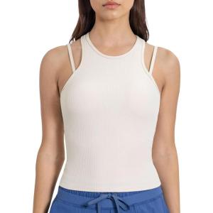 imageYvette Racerback Crop Top with Removable Built in Bra Thin Straps Sports Bra for WomenOffwhite