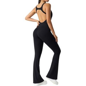 imageYvette Womens Backless Jumpsuits Built in Bra Gym Workout Yoga Rompers Flare Leggings Bodycon BodysuitsBlack