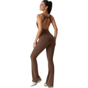imageYvette Womens Backless Jumpsuits Built in Bra Gym Workout Yoga Rompers Flare Leggings Bodycon BodysuitsCoffee