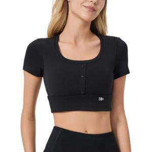 imageYvette Womens Cropped Top Short Sleeve Breathable TShirts Athletic Tee Tank TopsBlack