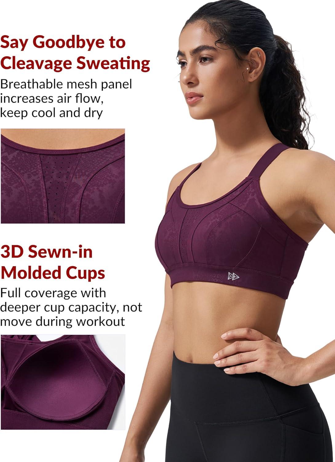 imageYvette Sports Bra High Impact Adjustable Criss Cross Back Full Support for Large Bust No BounceBurgundy Printed