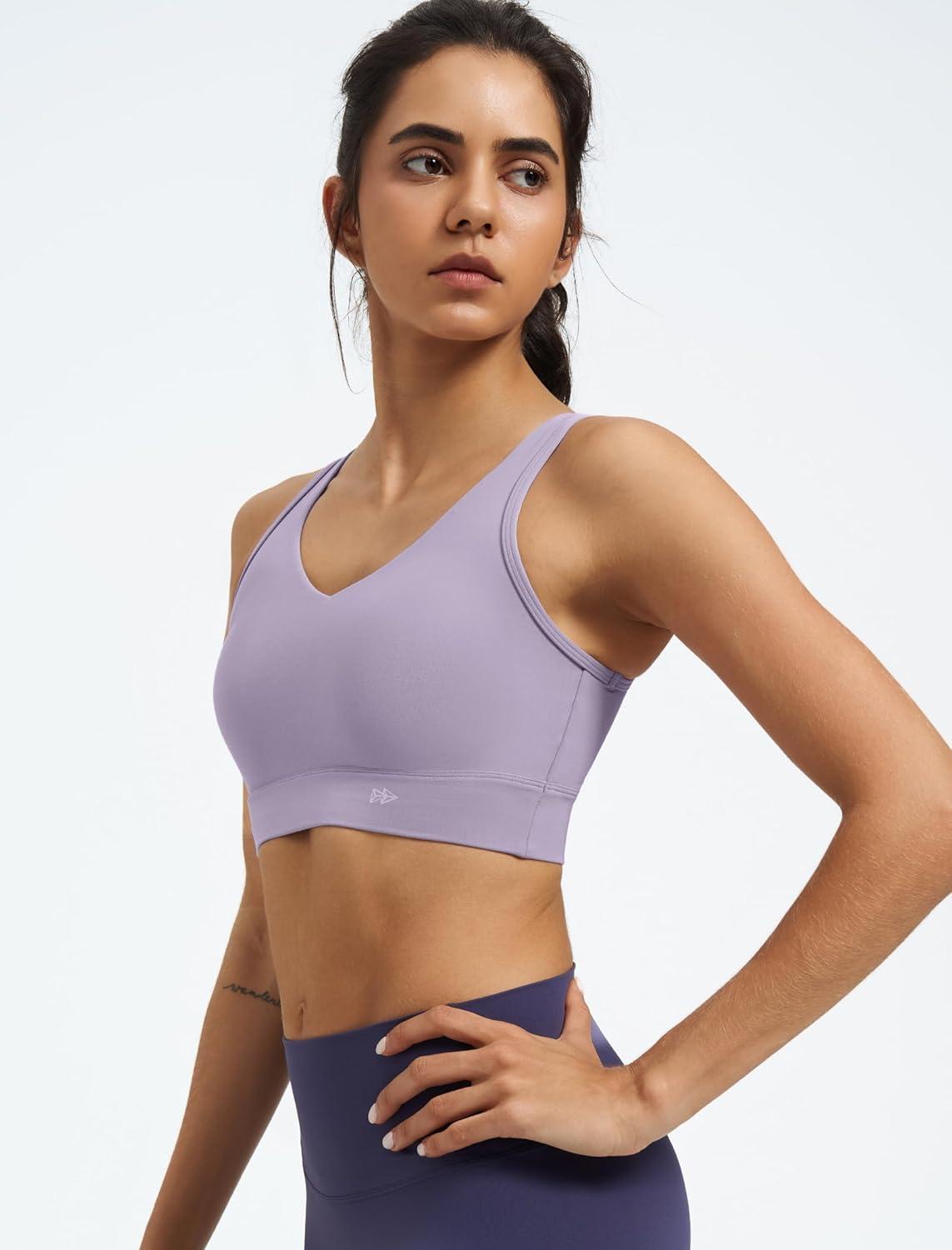 imageYvette Womens Cross Back Sports Bras UNeck Yoga Bra with Wide Straps ampamp Fixed Pads for Workout GymLavender