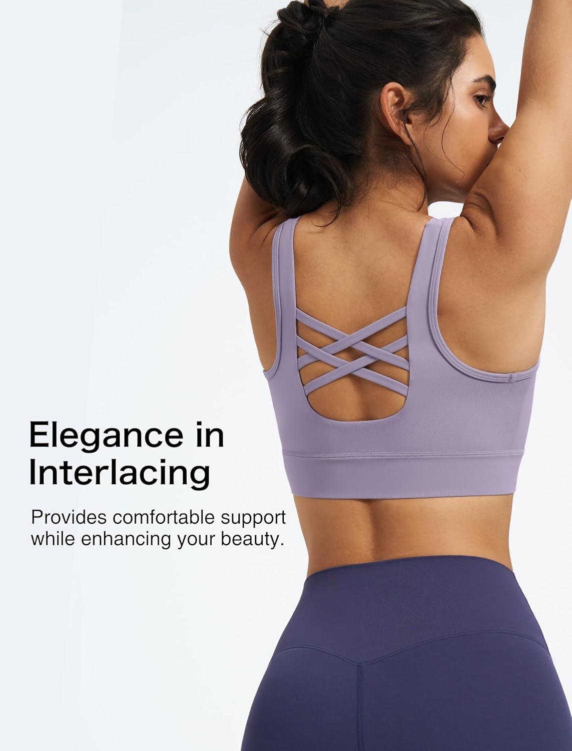 imageYvette Womens Cross Back Sports Bras UNeck Yoga Bra with Wide Straps ampamp Fixed Pads for Workout GymLavender