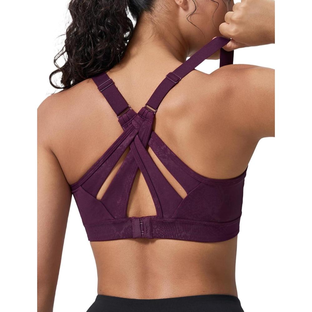 imageYvette Sports Bra High Impact Adjustable Criss Cross Back Full Support for Large Bust No BounceBurgundy Printed