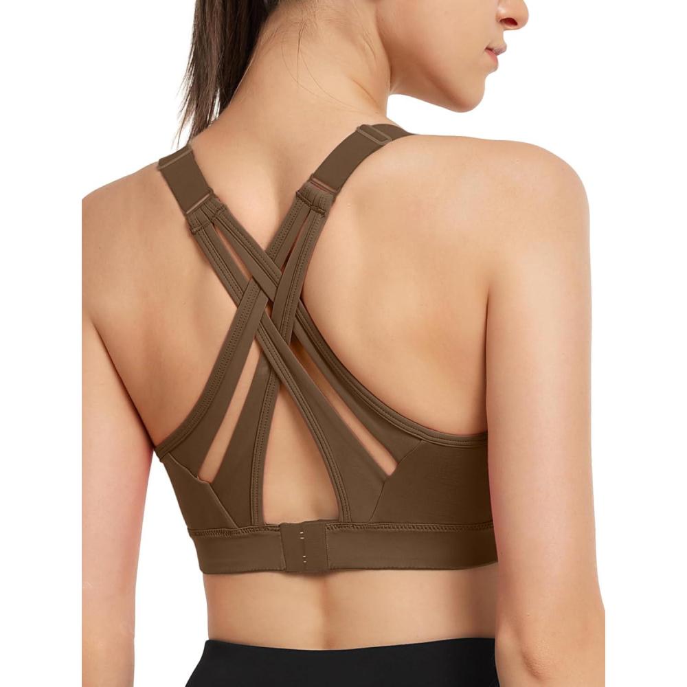 imageYvette Sports Bra High Impact Adjustable Criss Cross Back Full Support for Large Bust No BounceCamel