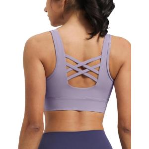 imageYvette Womens Cross Back Sports Bras UNeck Yoga Bra with Wide Straps ampamp Fixed Pads for Workout GymLavender