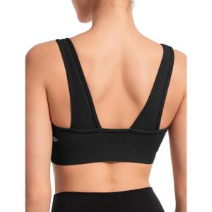 imageYvette Workout Sports Bra for Women RibKnit Patchwork Design Elastic Wide StrapBlack