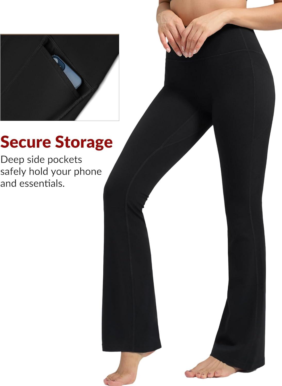 imageYvette Flare Yoga Leggings for Women with Pockets High Waisted Tummy Control Non See Through Gym Workout Bootcut PantsBlack