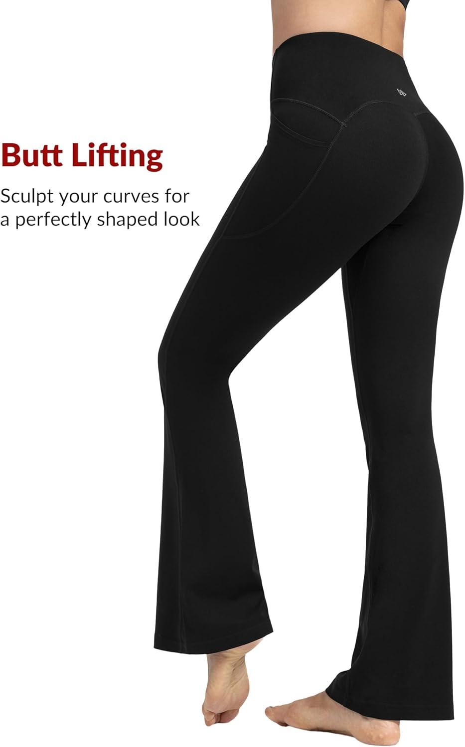 imageYvette Flare Yoga Leggings for Women with Pockets High Waisted Tummy Control Non See Through Gym Workout Bootcut PantsBlack
