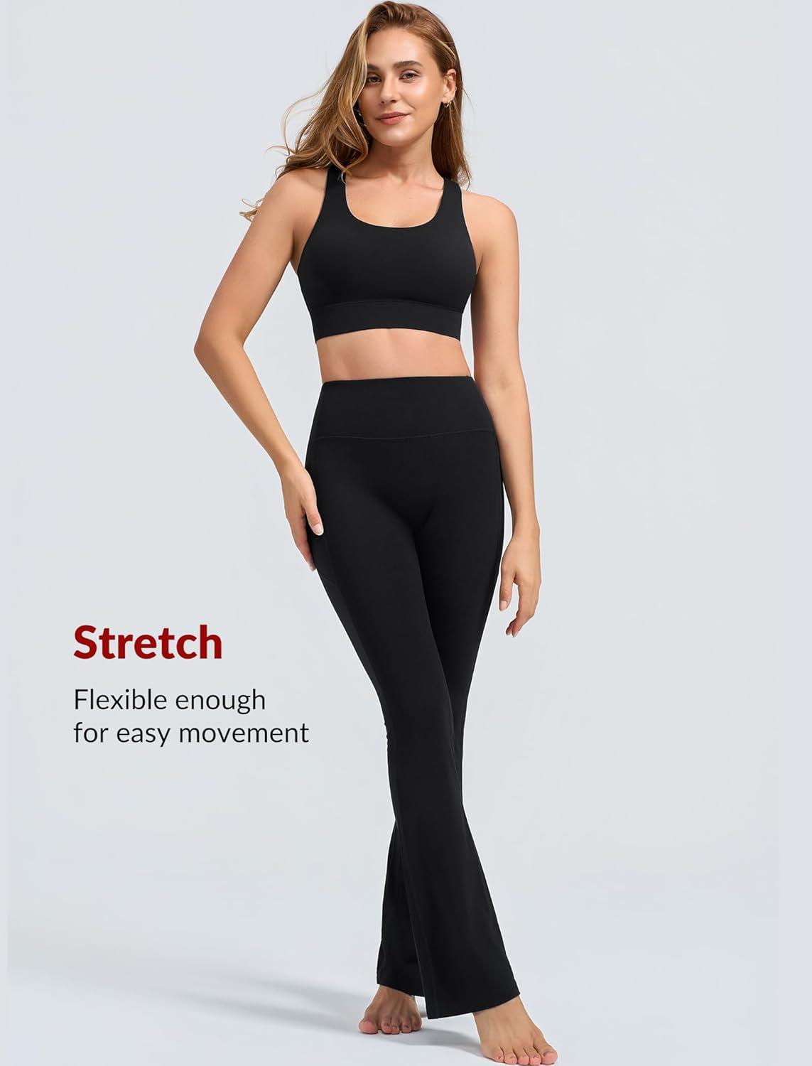 imageYvette Flare Yoga Leggings for Women with Pockets High Waisted Tummy Control Non See Through Gym Workout Bootcut PantsBlack