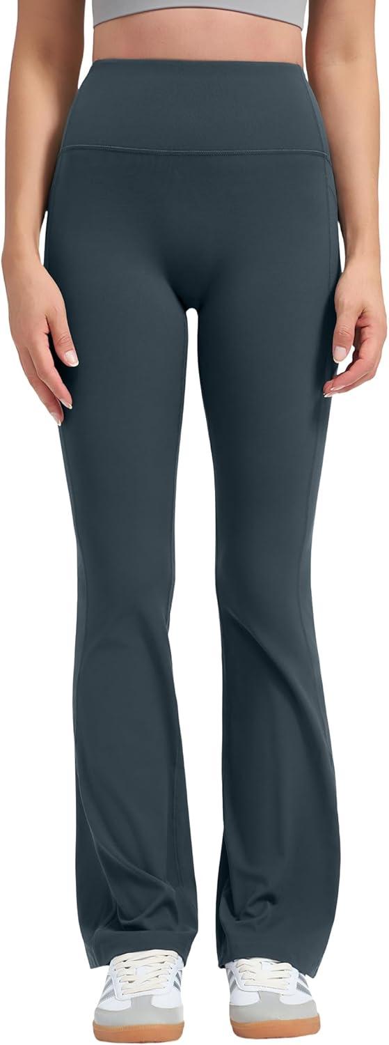 imageYvette Flare Yoga Leggings for Women with Pockets High Waisted Tummy Control Non See Through Gym Workout Bootcut PantsHaze Blue