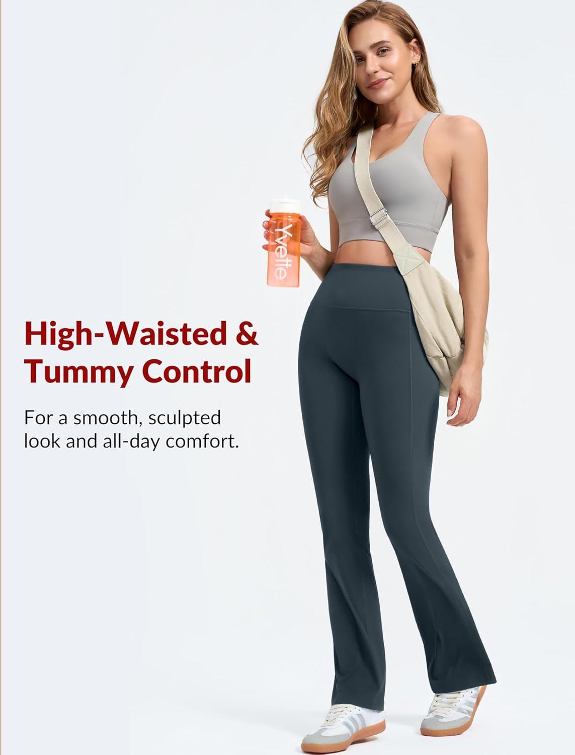 imageYvette Flare Yoga Leggings for Women with Pockets High Waisted Tummy Control Non See Through Gym Workout Bootcut PantsHaze Blue