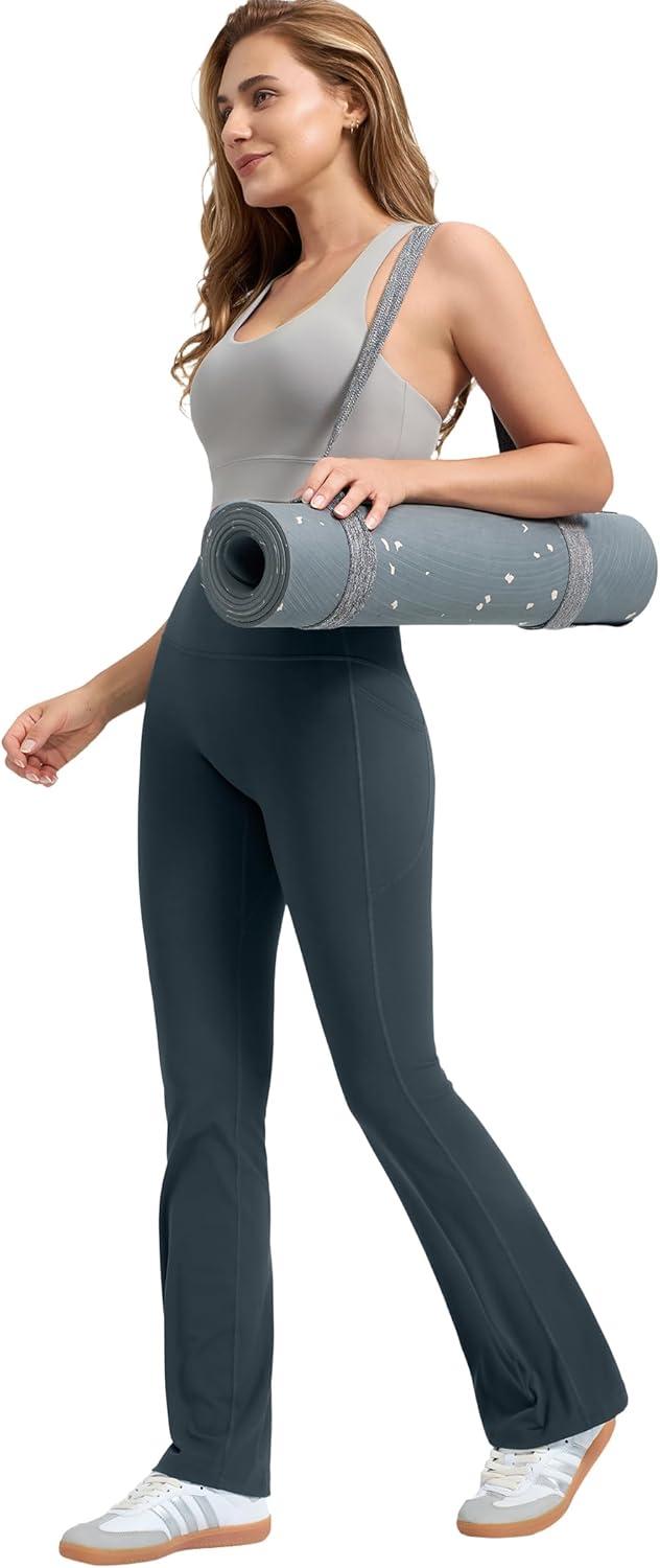 imageYvette Flare Yoga Leggings for Women with Pockets High Waisted Tummy Control Non See Through Gym Workout Bootcut PantsHaze Blue