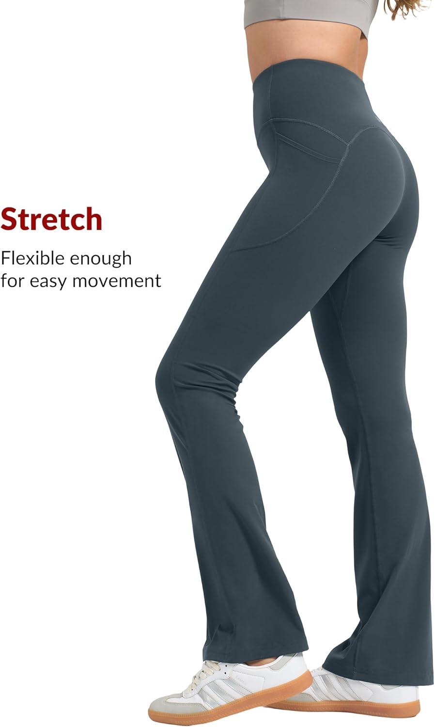 imageYvette Flare Yoga Leggings for Women with Pockets High Waisted Tummy Control Non See Through Gym Workout Bootcut PantsHaze Blue