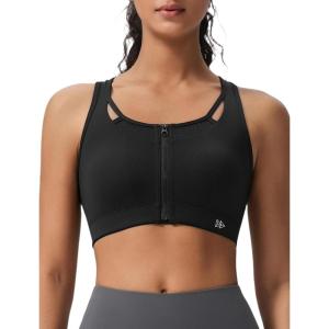 imageYvette Zip Front High Impact Sports Bras for Women Lace Mesh Supportive Bras for WorkoutBlack