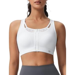 imageYvette Zip Front High Impact Sports Bras for Women Lace Mesh Supportive Bras for WorkoutWhite
