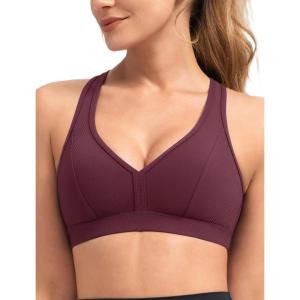 imageYvette Sports Bra Sexy V Neck Yoga Bra Cross Back Light Support Wide Straps with Builtin PadsBurgundy