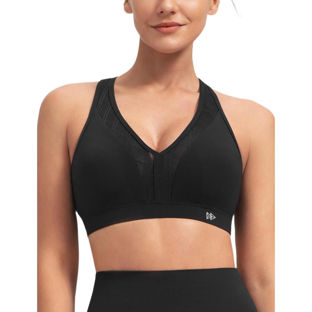 imageYvette V Neck Diamond Mesh Yoga Sports Bra Light Support with Builtin Pads Wireless Bra Cropped Tank TopBlack