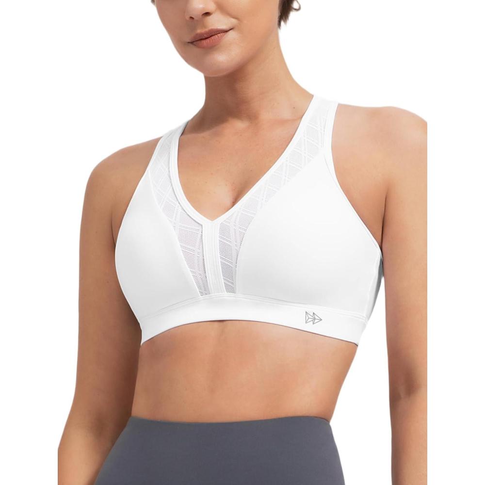 imageYvette V Neck Diamond Mesh Yoga Sports Bra Light Support with Builtin Pads Wireless Bra Cropped Tank TopWhite