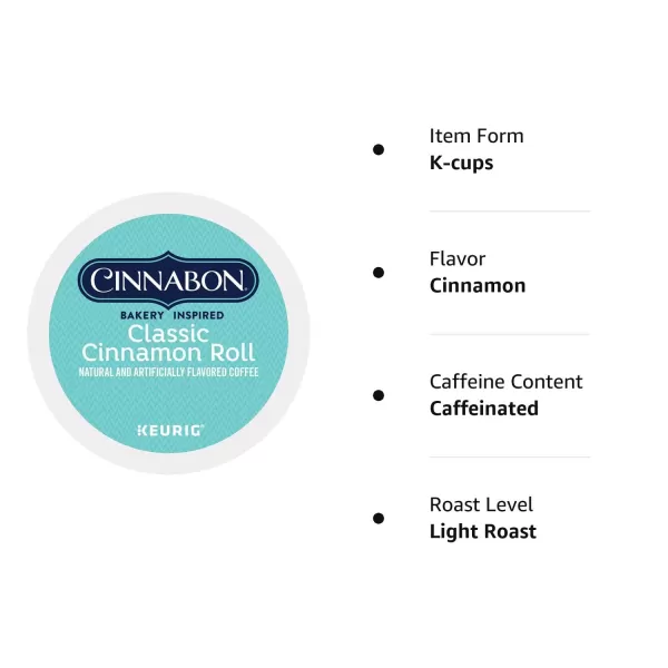 Cinnabon Classic Cinnamon Roll Keurig SingleServe KCup Pods Light Roast Coffee 72 Count 6 Packs of 12Cinnamon 24 Count Pack of 8