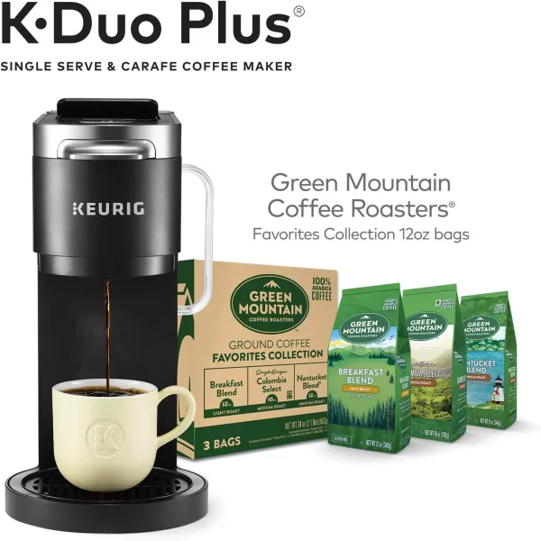 Keurig KDuo Plus Coffee Maker Single Serve KCup Pod and 12 Cup Carafe Brewer with Green Mountain Ground Coffee Favorites Collection 12 oz Bagged 3 CountKDuo Plus  Green Mountain Ground Coffee Collection 12oz 3ct